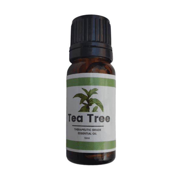 Bottle of tea tree essential oil, with flowers on the label