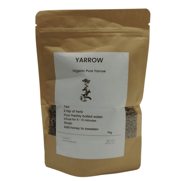 yarrow tea for heavy periods, organic loose leaf in brown packaging