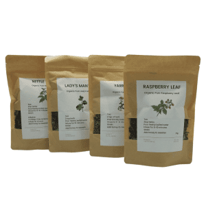 herbal teas for heay periods, 4 organic teas raspberry, yarrow, nettle, lady's mantle